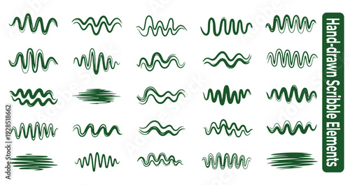 Hand drawn scribble elements collection in green for design and art