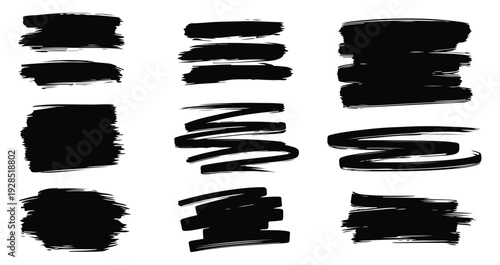 A collection of 12 unique black brush strokes on a white background for artistic design