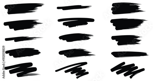 Collection of black brush strokes on white background for art and design