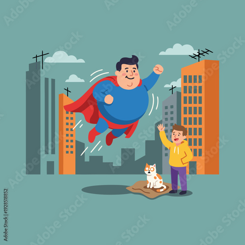 Fat superhero flying over city with boy and cat.