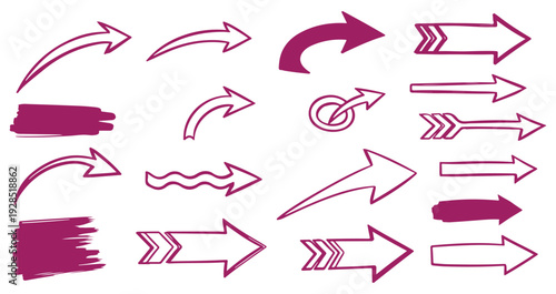 Collection of hand drawn red arrows and pointers on white background