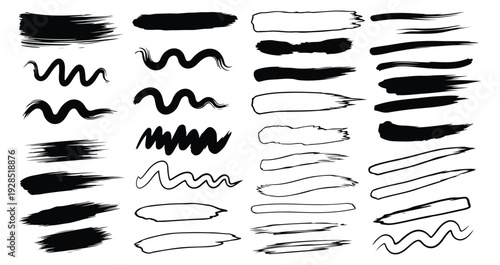 A collection of various brush strokes and line art illustrations in black and white