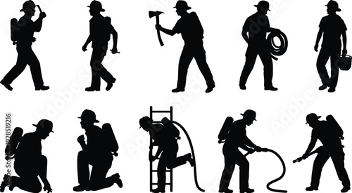 Firefighter silhouette vector illustration set, emergency response icons collection, fireman action poses design, rescue graphics for safety, protection, teamwork, heroism