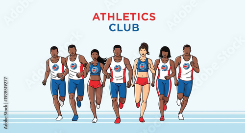 Athletic Runners Group, Illustrative Depiction of Diverse Athletes in Action, Sprinting Together