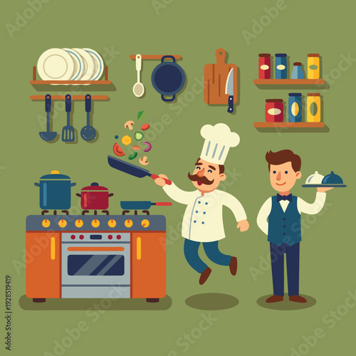 Happy Chef Cooking with Waiter Serving Food in Kitchen.