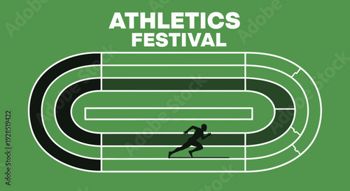 Athletics Festival Illustration Featuring a Runner on a Green Track and Field, Ready to Compete