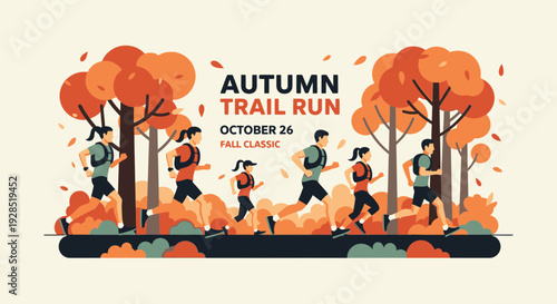 Autumn Trail Run Illustration With Runners in Forest and Fall Classic Text