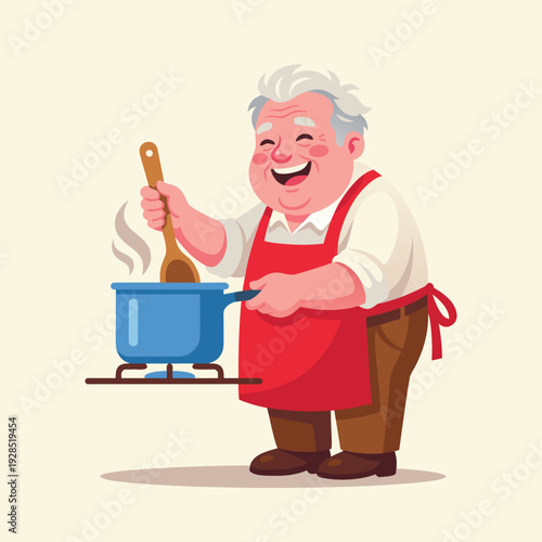 Happy Elderly Man Cooking Delicious Food.
