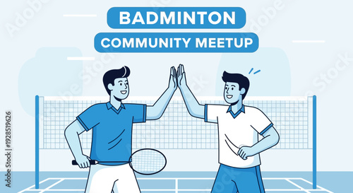Badminton Community Meetup High-Fiving Illustration, Friendship, Fun, Sport Activity Concept