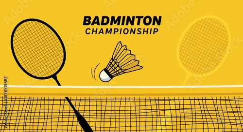 Badminton Championship Graphic Illustration With Shuttlecock, Rackets, and Net on Yellow Background