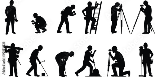 Construction worker silhouettes illustration, industrial labor vector art, diverse tasks with tools, hard hats, surveying, ladder climbing, teamwork, engineering, building site design