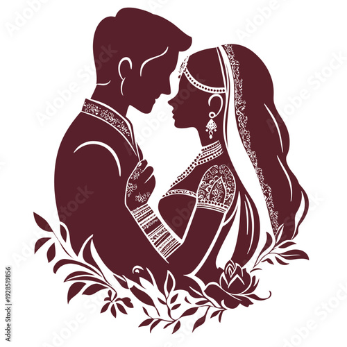 Romantic silhouette illustration of an Indian bride and groom in traditional wedding attire with intricate floral patterns, perfect for marriage invitations and South Asian cultural celebrations.