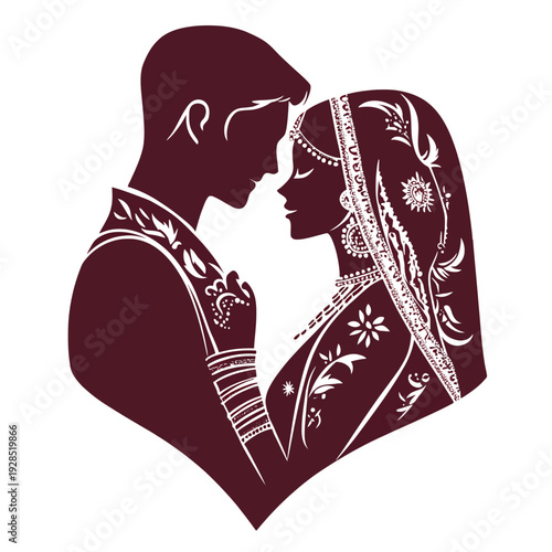 Romantic silhouette illustration of an Indian bride and groom in traditional wedding attire, featuring intricate henna-inspired floral patterns for marriage invitations and South Asian celebrations.