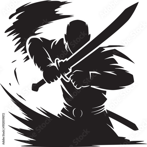 Warrior wielding sword in dynamic action, perfect for gaming, fantasy, and adventure concepts