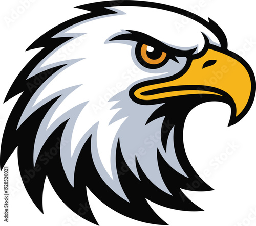 Fierce bald eagle head illustration, patriotic American symbol, strong wildlife mascot design, vector art for sports, freedom, strength, national pride, logo inspiration