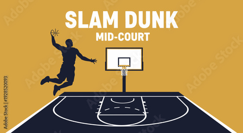 Basketball Action: A Dramatic Mid-Court Slam Dunk Silhouette Against Mustard Background
