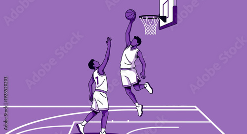 Basketball Action: Athletic Dunking Display Against a Bold Purple Background with Players
