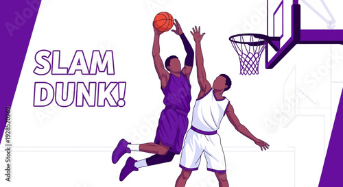 Basketball Action Illustration Depicting A Powerful Slam Dunk In A Dynamic, Energetic Scene