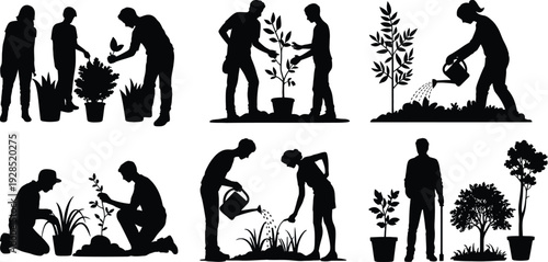 Gardening teamwork silhouettes, people planting, watering, caring for plants, eco-friendly lifestyle, community garden, horticulture activity, nature care, environmental sustainability
