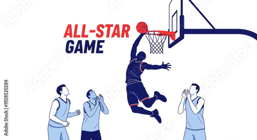 Basketball Action Illustration of the All-Star Game Depicting Player Dunking and Supporting Players