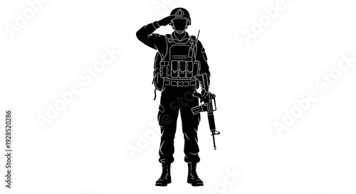 Silhouette of a soldier in full gear giving a salute against a white background