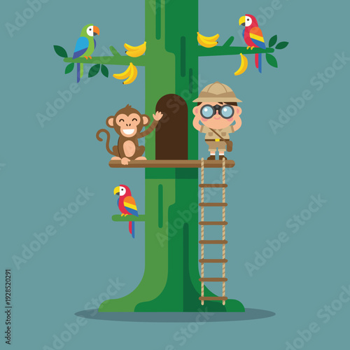 Jungle Adventure with Explorer and Monkey in a Treehouse.