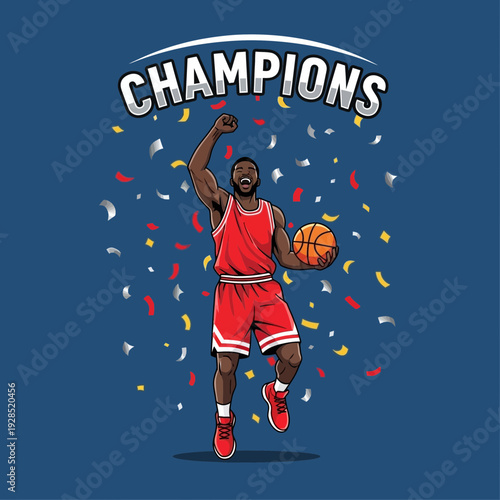 Basketball Champion Celebrates Victory Amidst Festive Confetti Shower with Elevated Arm