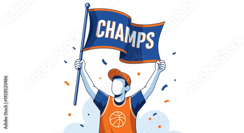 Basketball Champion Celebrating Victory Holding a Banner with the Word Champs, Cheering in the Game