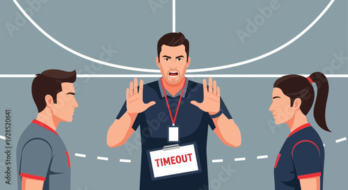 Basketball Game Timeout Illustration: Coach Calling Timeout in A Match With Players