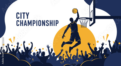 Basketball Championship Illustration Depicting a Dunk with Enthusiastic Audience Silhouette