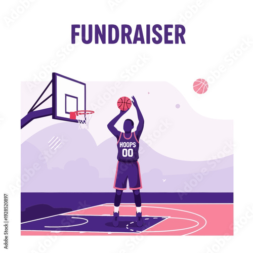 Basketball Fundraiser Concept Depicting Player Shooting, Scoring, and Promoting Generosity and