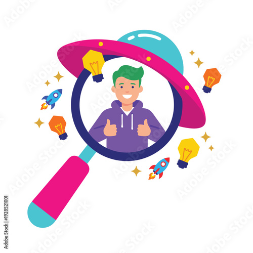 Magnifying Glass Focusing on a Young Man with Thumbs Up Surrounded by Ideas and Rockets.