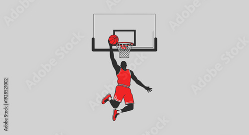 Basketball Player Performing a Slam Dunk With Ball, Modern Illustrated Design