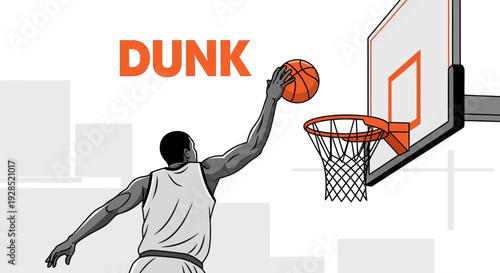 Basketball Player Performing a Slam Dunk With Ball, Showing Strength and Agility Action