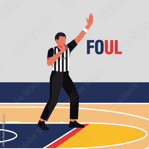 Basketball Referee Signaling Foul With Elevated Arm And Whistle, Court Illustration