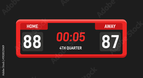 Basketball Scoreboard Displaying Scores, Time Remaining, and Quarter Details in Red and Black