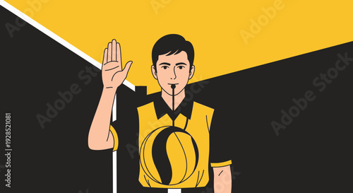 Basketball Referee Symbolically Signaling With A Whistle And Hand Gesture In Action