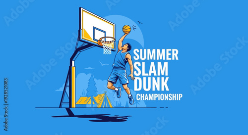 Basketball Slam Dunk Championship Illustration Depicting Summer Sports Event on Blue Background