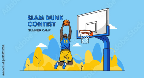 Basketball Slam Dunk Competition Featuring Summer Camp With Stylized Illustration