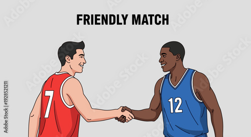 Basketball Players Shaking Hands After A Friendly Match Depicted in A Cartoon Style