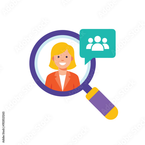 Magnifying glass over a womans portrait with a speech bubble icon representing people.