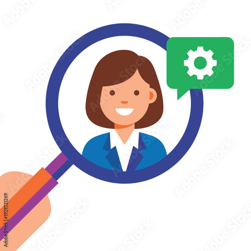 Magnifying glass over a womans profile picture with a gear icon in a speech bubble.