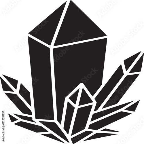 Striking black crystal cluster geometric design on clean white background, symbolizing power