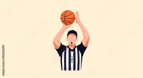 Basketball Referee Raising Ball, Depicting Fairness and Rules, Simplified Illustration Design