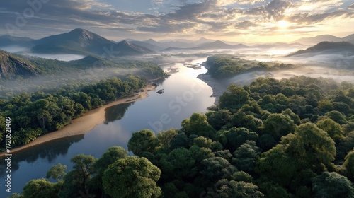 Wide River Valley at Golden Sunrise
