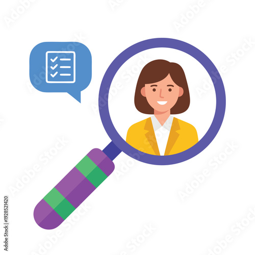 Magnifying Glass Over Womans Portrait and Checklist Icon.