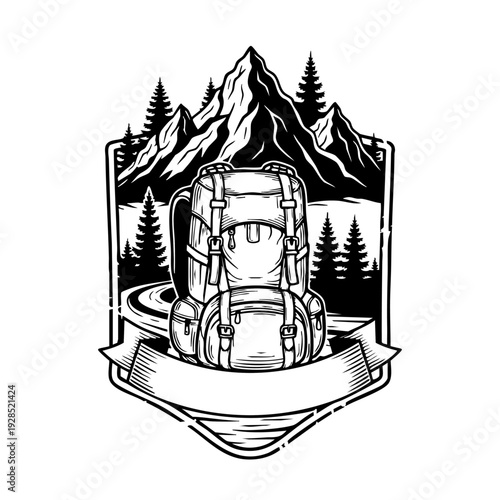 Hiking Backpack Illustration with Mountains and Trees.
