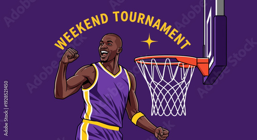 Basketball Tournament Illustration Featuring An Excited Athlete And A Purple Color Scheme