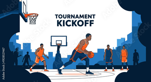 Basketball Tournament Kickoff Illustration Featuring Players In Sporty Apparel And Graphics