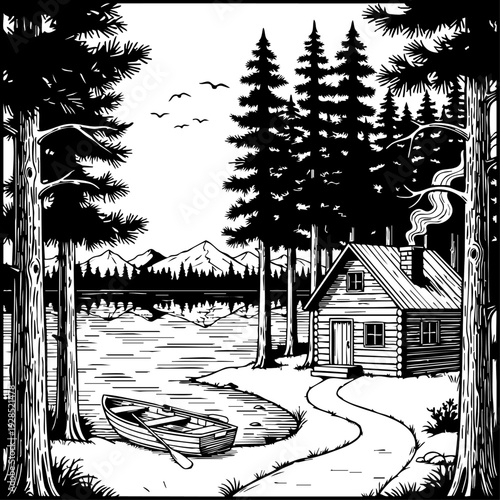 Serene black and white cabin in the woods by a lake.